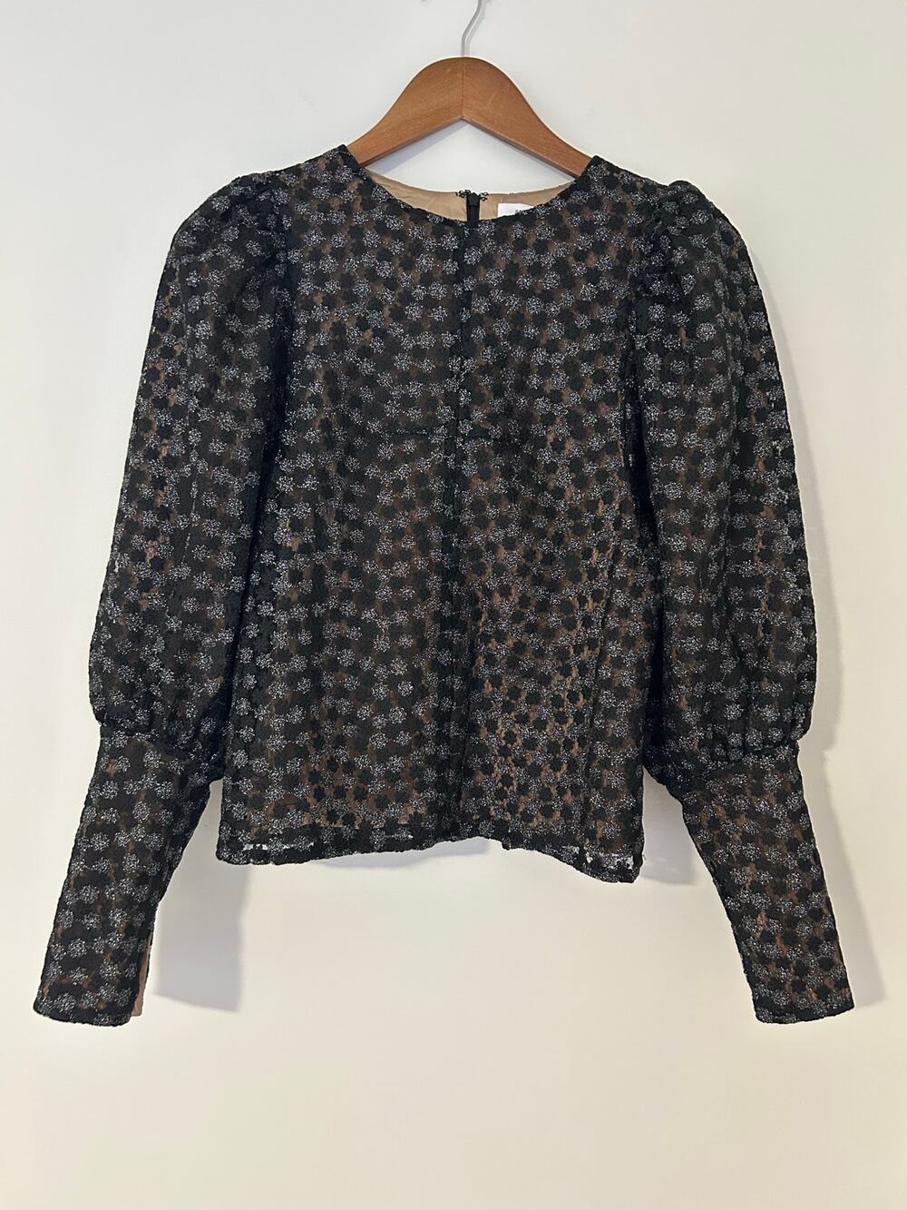 Samsoe Samsoe Pimo Blouse Black Floral Nude Overlay Bubble Long Sleeves EUC S